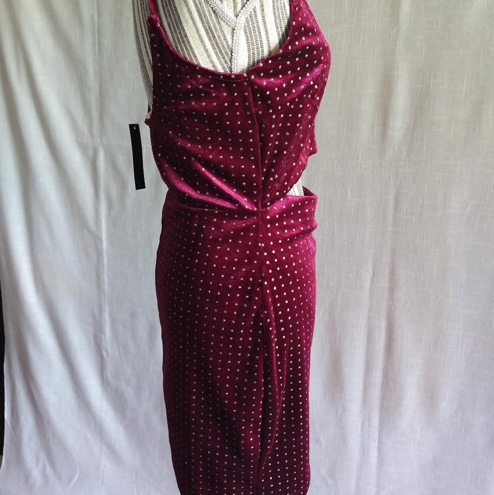 Sparkly Velvet Burgundy Gold Strappy Mini Dress Cutout Size Large - Picture 7 of 16